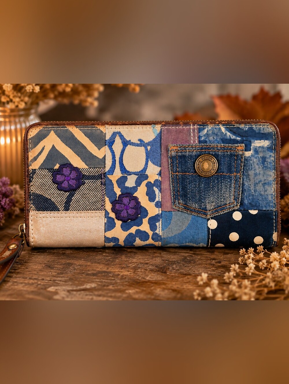 Coach Legacy Patchwork Denim Floral Zip Around Wallet Y2K